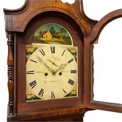 An eight-day longcase clock in an oak and mahogany case, retailed by the 19th century Cattaneo family of clockmakers in Stockton, with a swans neck pediment, central brass finial and brass paterae, break arch hood door flanked by two turned and ringed pilasters, trunk with a short twin spired oak door with mahogany crossbanding, on a tall rectangular plinth with a shaped base, fully painted break arch dial with matching spandrels and a depiction of a country cottage to the arch, with Roman numerals, minute track, seconds dial and stamped brass hands, movement striking the hours on a cast bell. With pendulum, key and one weight.    



