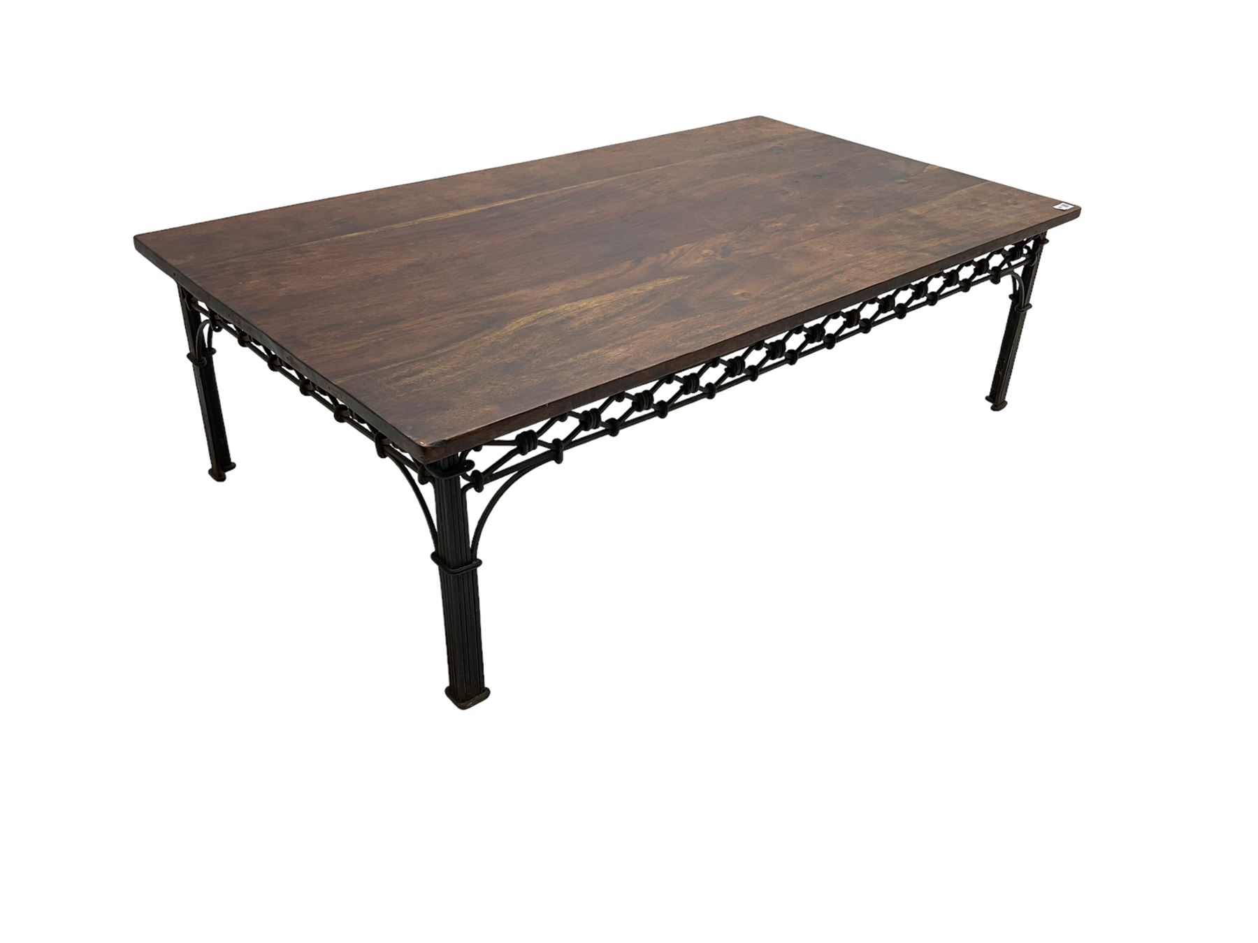 Laura Ashley - mango wood and wrought iron coffee table, the rectangular top over a pierced wrought iron frieze in repeating lozenge pattern