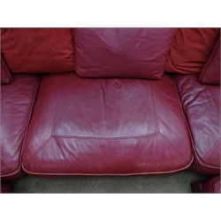 Large corner sofa group upholstered in red leather with footstool, W305cm  