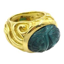 Elizabeth Gage 18ct gold molten ring, set with a carved green/blue tourmaline scarab beetle, London 1999, in original box