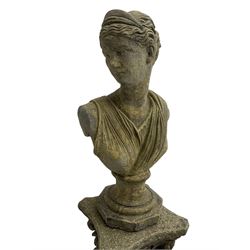 Classical design cast stone female bust depicting Artemis, raised on fluted Corinthian column with acanthus leaf capital, stepped square base, looking right 