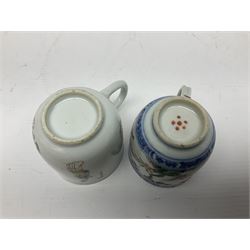 Two 18th century Chinese Yongzheng coffee cups, the first example decorated in polychrome enamel with rooster amidst blossoming peonies, the second decorated with deer and crane among rockwork and pine tree, together with two further 18th century Chinese coffee cups, an 18th century Chinese tea bowl, and a further tea bowl