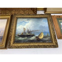 Seven framed prints and one painting, depicting maritime scenes, landscapes etc 