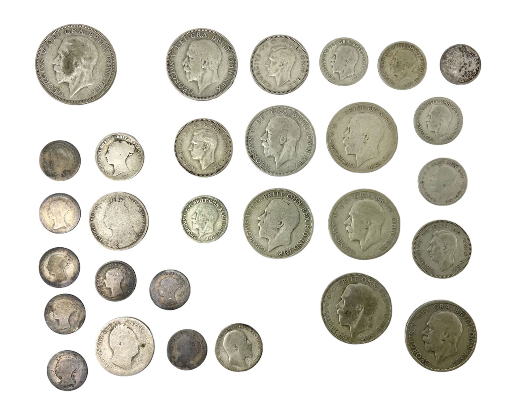 Approximately 28 grams of pre 1920 silver coins including four pence pieces and approximately 120 grams of pre 1947 silver coins including 1926 halfcrown etc