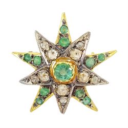 Silver-gilt diamond and emerald star pendant / brooch, with 14ct gold pendant bail, total diamond weight approx 0.50 carat, total emerald weight approx 0.60 carat