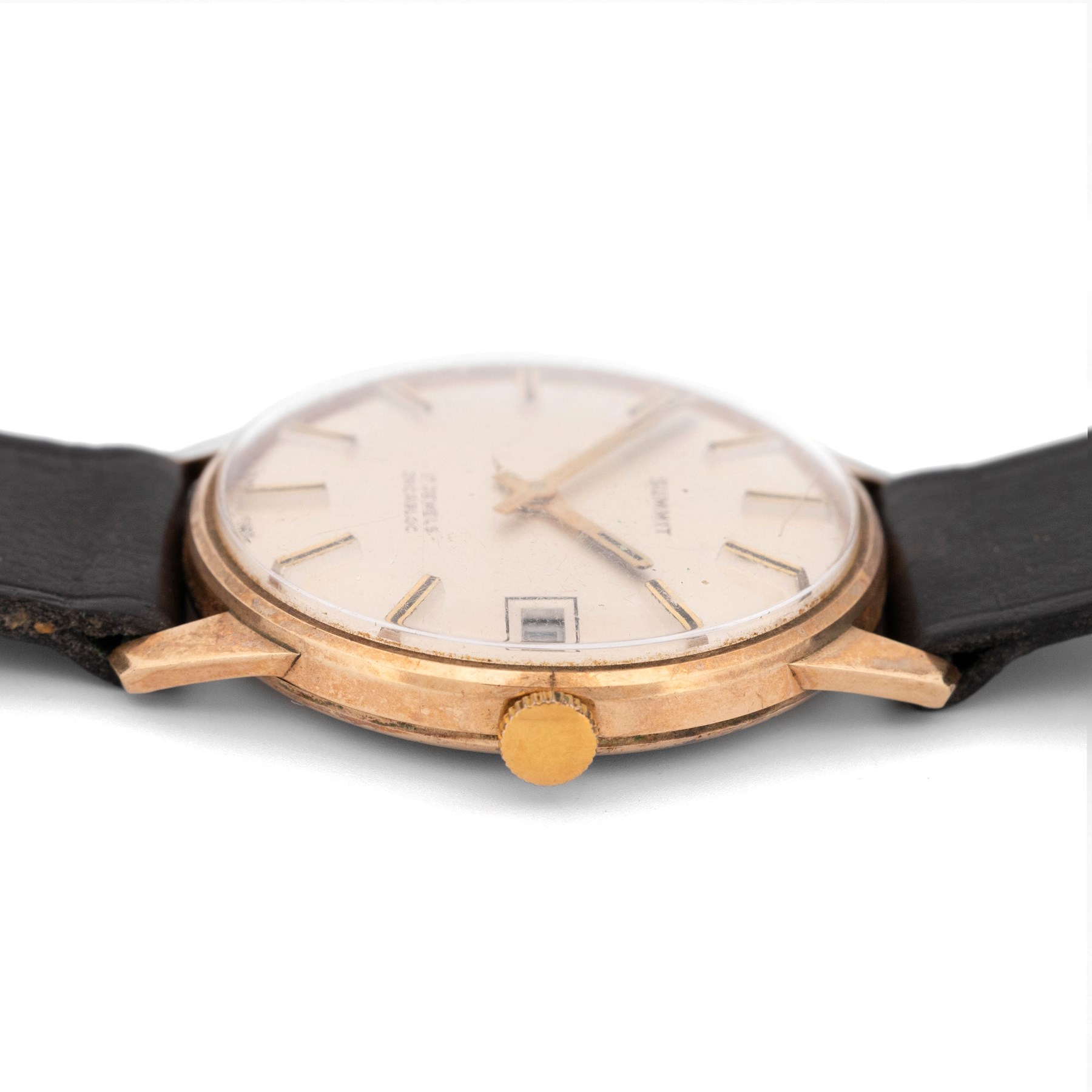 Summit gentleman's 9ct gold manual wind wristwatch, silvered dial with baton hour markers and date aperture, London 1974, on black leather strap