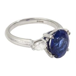 Platinum three stone oval cut sapphire and pear cut diamond ring, hallmarked, sapphire approx 2.70 carat