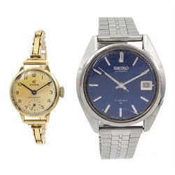 Cyma gold ladies wristwatch, on gold expanding strap, hallmarked 9ct and a Seiko automatic gentleman's stainless steel wristwatch, back case No. 997790, on stainless steel strap