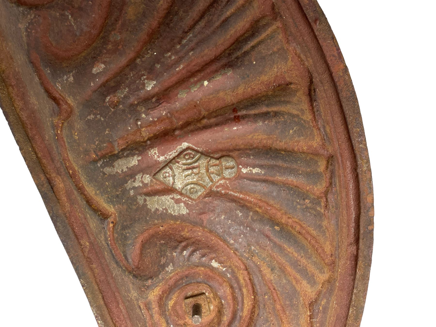 19th century cast iron hallway hat and coat stand, the arched frame decorated with overlapping foliage, central oval mirror surrounded by trailing oak leaves and acorns, with extending umbrella and stick stand, the curved plinth base decorated with acanthus leaves, with impressed and mounted R.d. lozenges