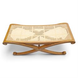 And So To Bed - cherrywood 'Louis XV' caned bench, caned top above an X-frame united by turned stretcher