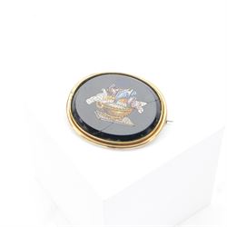Micro mosaic brooch of Pliny Doves, the oval black panel set with a micro mosaic of doves ...