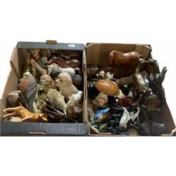 Two boxes of animal figures to include mainly ceramic and composite examples, to include horses, birds, dogs etc