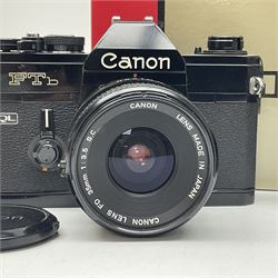 Canon FTb camera body, serial no. 715838, with 'Canon FD 50mm 1:1.8' lens, serial no. 207888, in original box, together with Canon FTb camera body, serial no. 557817, with 'Canon FD 35mm 1:3.5 S.C' lens, serial no. 126210 and Canon EX Auto camera body, serial no. 296244 with 'Canon EX 50mm 1:1.8' lens, serial no. 380869  