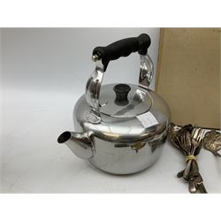 Georgian silver hallmarked spoon (weight 22g), Chinese lidded ginger jar decorated with blossoming branches with ebonised wood base, silver plated cutlery including berry sifter spoon and Walker & Hall hot water pot, compact mirrors and jewellery, other metal ware etc
