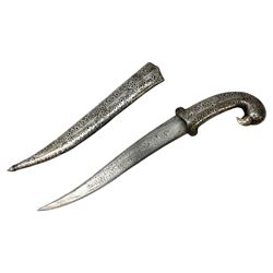Indian Khanjar dagger with 28cm curving damascus steel blade inlaid with silver floral emblem, white metal and niello style grip in the form of a bird's head with pronounced beak and matching scabbard L44cm overall