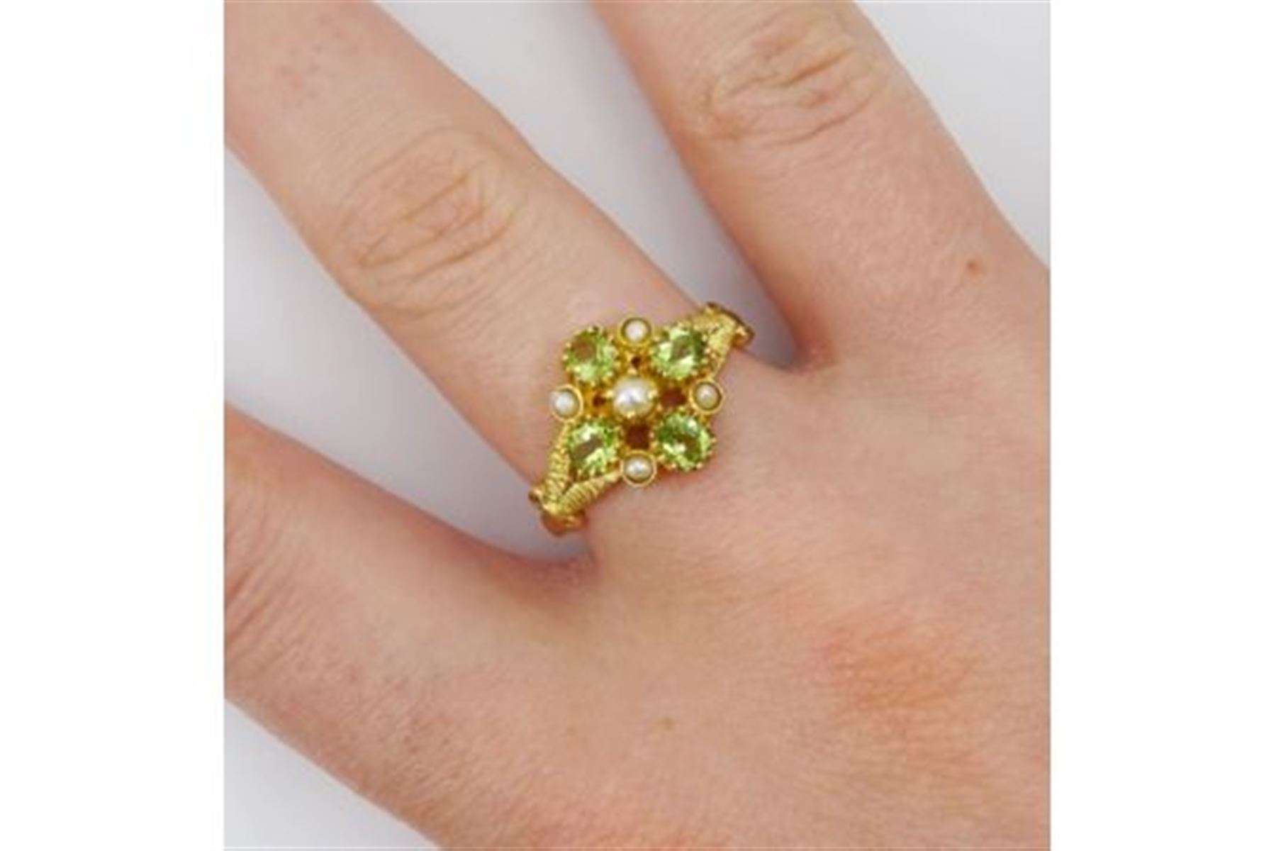 Silver-gilt peridot and pearl cluster ring, stamped