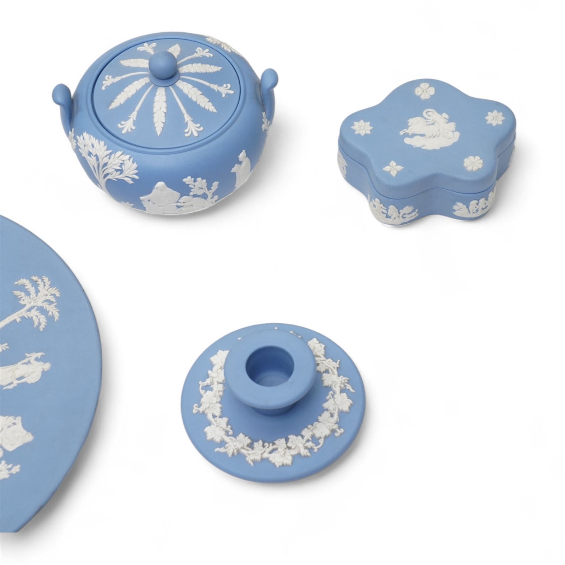 Two vases decorated with Fountains Abbey and Melrose Abbey, Imari charger and various Wedgwood jasperware items, in one box