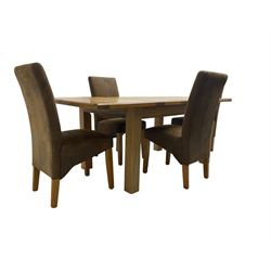 Contemporary oak extending dining table, rectangular top with canted corners on square supports, with two additional leaves (W133cm D93cm H78cm); and set four high back dining chairs, upholstered in brown faux suede (W46cm H103cm)