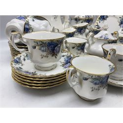 Royal Albert Moonlight Rose pattern tea and coffee service, comprising coffee pot, teapot, covered twin handled sucrier, two milk jugs, cream jug,  six coffee cups and saucers, seven tea cups and saucers and thirteen dessert plates (45)