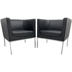 Orangebox - pair of contemporary 'Drift' tub armchairs, upholstered in blakc faux leather, on chrome supports