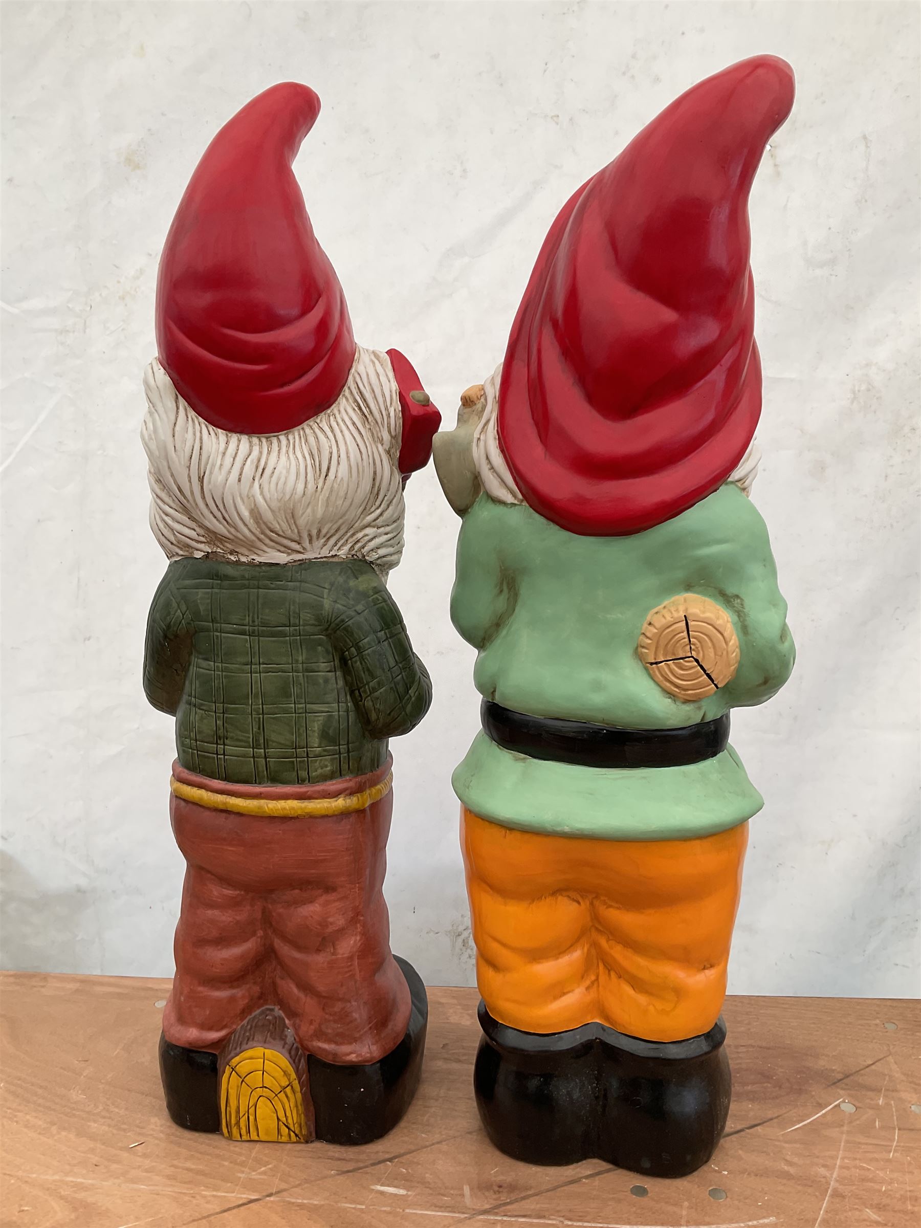 Pair of large indoor or outdoor painted garden gnomes  - THIS LOT IS TO BE COLLECTED BY APPOINTMENT FROM DUGGLEBY STORAGE, GREAT HILL, EASTFIELD, SCARBOROUGH, YO11 3TX