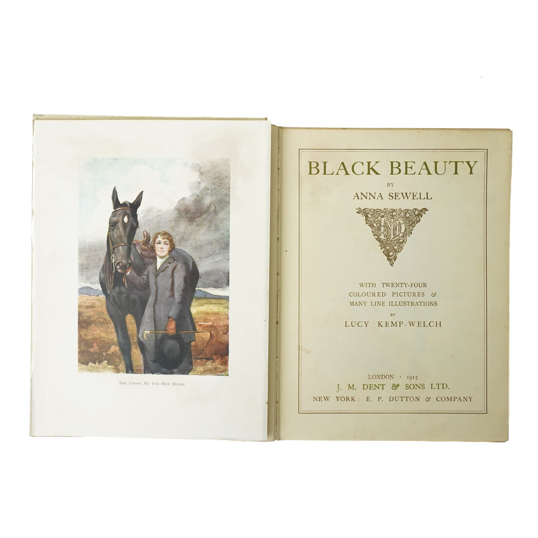 Sewell, Anna - 'Black Beauty' with tipped in coloured plates by Lucy Kemp-Welch, limited edition 224 of 600, signed by Lucy Kemp-Welch, green and gilt boards, published London 1915 by J.M. Dent & Sons Ltd and another copy of the work, unsigned (2)