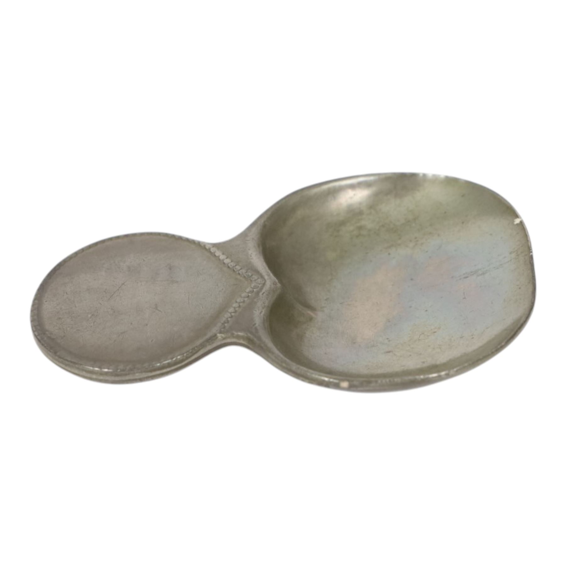 Liberty & Co., Tudric Arts and Crafts pewter caddy spoon, the apple shaped bowl with beaded teardrop handle, model 01092, H7cm