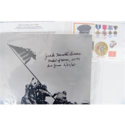 Two original autographs of US Medal of Honor winners, Jack Harold Lucas USMC Iwo Jima and Leo K.Thorsness USAF, Vietnam POW together with ten US FDC medal winners and USAF POW card.
