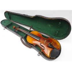  Two-piece back violin with Stradivarius paper label, LOB 33.5cm in hard case   