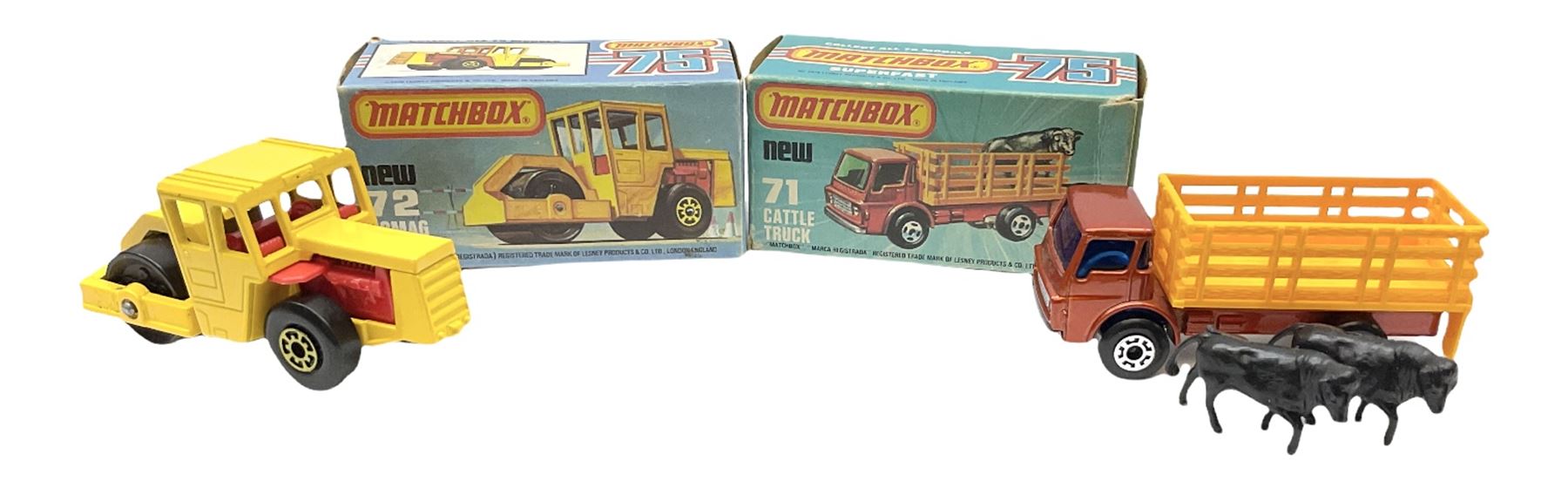 Matchbox/Superfast - nine '1-75' series models comprising 64d Fire Chief car, 65e Airport Coach, 66f Tyrone Malone Superboss, 68e Chevrolet Van, 69e Security Truck, 71e Cattle Truck, 72d Bomag Road Roller, 75c Alfa Carabo and 75e Helicopter; all boxed; and eight unboxed and playworn models (17)