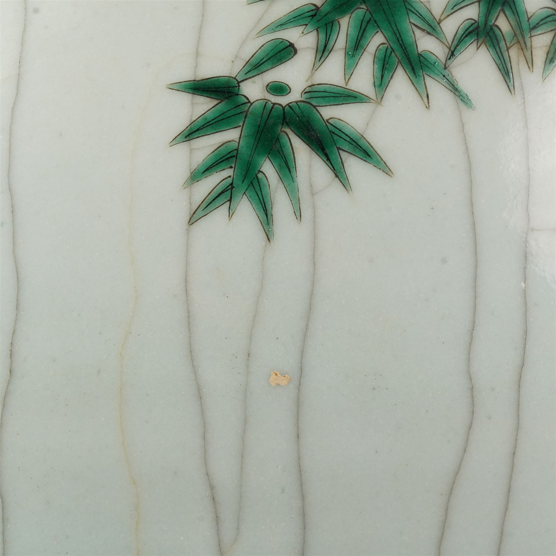 Late 19th century Chinese famille verte crackled ice pot and cover, of ovoid form, decorated with birds, blossom and bamboo, the cover with handle formed as a root, with hardwood display stand H50cm