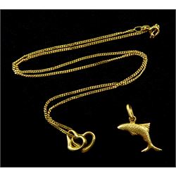 9ct gold heart pendant necklace and an 18ct gold fish pendant, hallmarked or tested