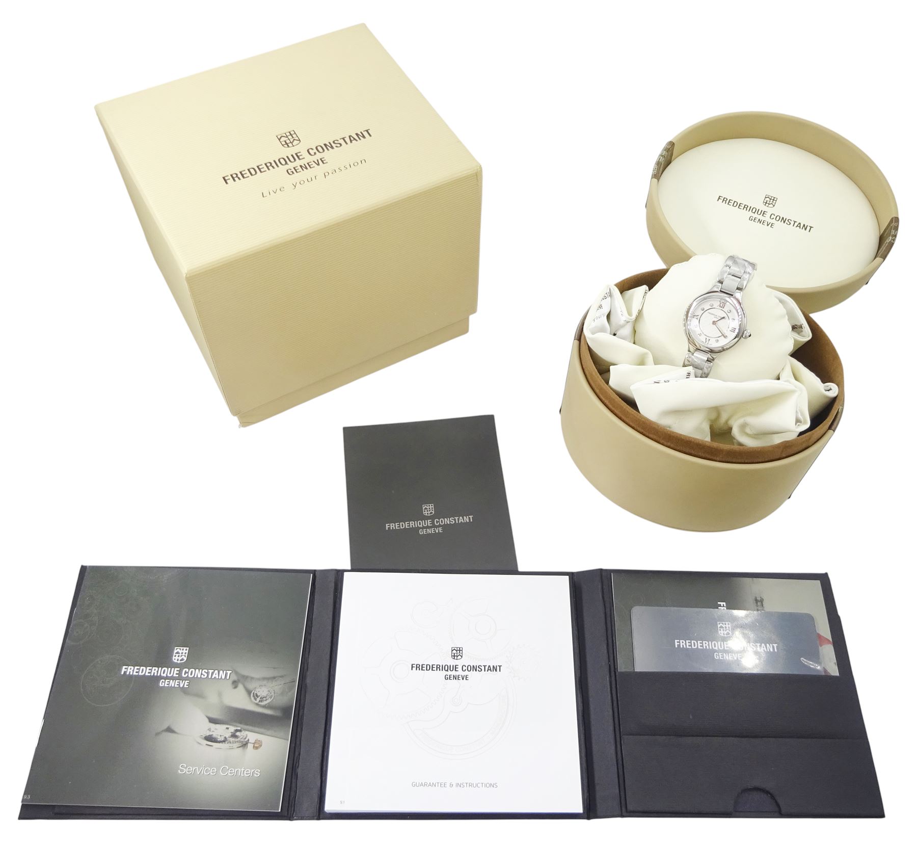 Frederique Constant Classics Delight ladies stainless steel quartz wristwatch, Ref. FC-200WHD1ER36B, silvered / white dial with Roman and diamond dot hour markers, boxed with papers