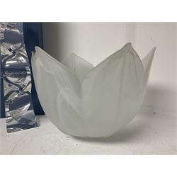 Late 20th century art glass, to include a Robert Held vase, of baluster form with iridescent swirl design, two frosted glass vases with peacock feather design on green and white ground, frosted glass tulip shaped bowl with smoke design and a Rogaska Crystal cobra candlestick, tallest vase 27cm