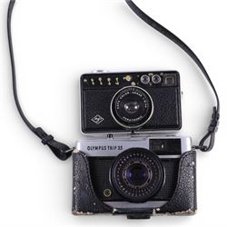 Vintage 35mm cameras, including two Olympus Trip 35, Halina Easy Matic, Hanimex 35HS, Agfa, Cosina 35E, etc