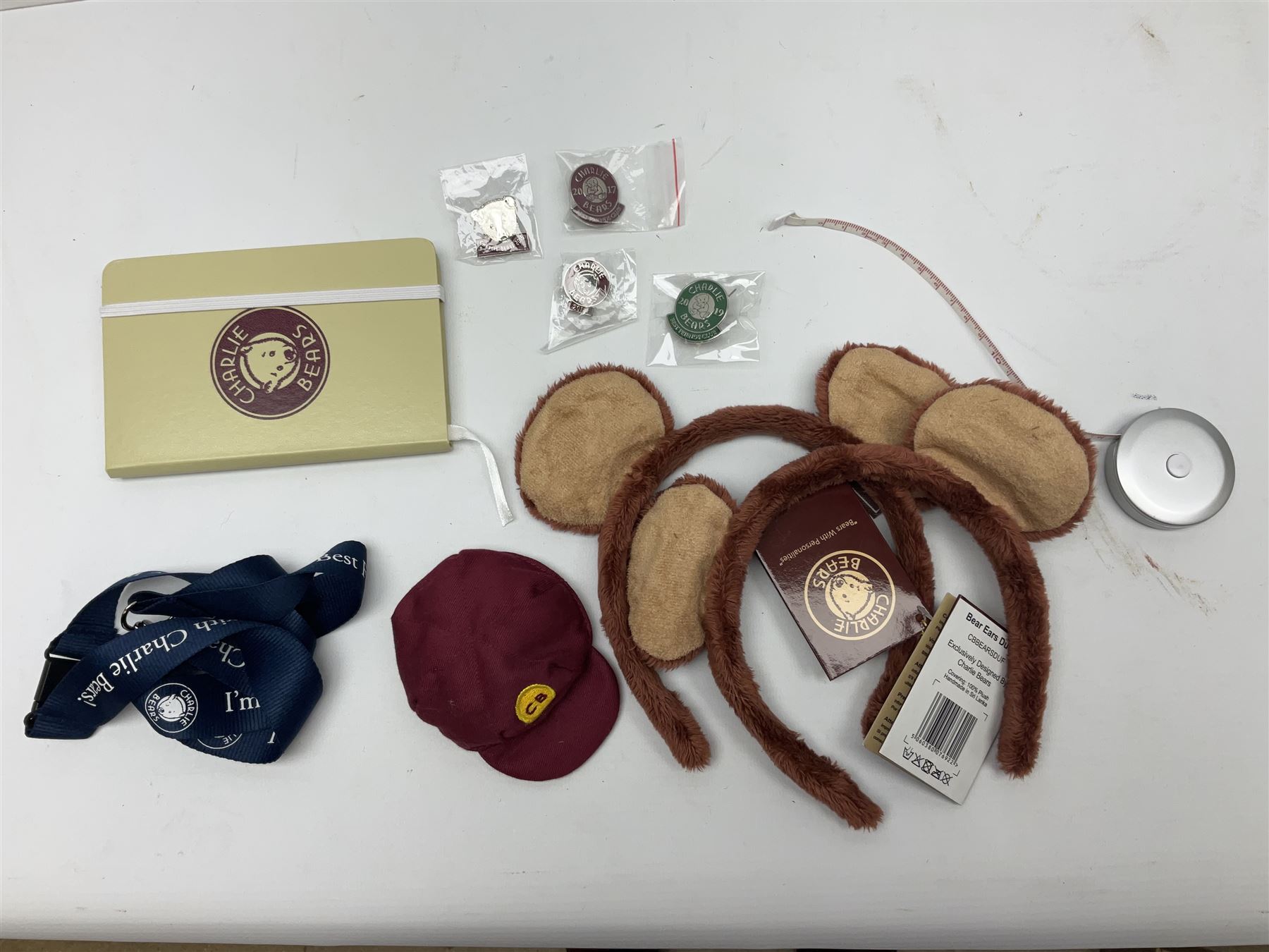 Five Charlie Bears Plush Hug Book Collection books, comprising Guide To Snuggleability containing Snuggleability CB191971F, Paw-Some Facts Directory containing Pawsome CB191971D, Bear Therapy Handbook containing Bear Therapy CB191971E, Study Buddy Handbook containing Study Buddy CB191971A, and Guide to Being Bear-illiant CB191971B, each designed by Isabelle Lee, each with tags, plus Charlie Bears Secret Hug Book (lacking contents), together with assorted Charlie Bear accessories, to include two Bear Ears Duffle headbands CBBEARSDUF, Egg Cup CB185198 , Incy Wincy CB205252AO, with tag, four key rings, all with tags, Bear Care Kit and contents, recipe cards, pin badges, tape measure, notebook, etc., (Qty)