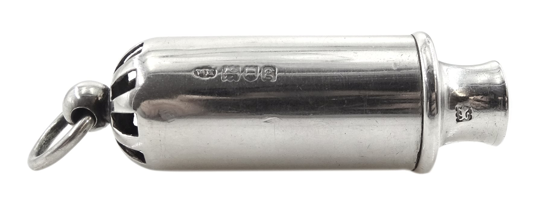 Edwardian silver whistle by William Hornby, London 1902, the metal interior stamped Huloons patent and a Victorian silver whistle, in a silver reeded case by Joseph Jennens & Co, Birmingham 1863