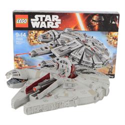 Lego Disney Star Wars Millennium Falcon no. 75105, boxed, together with a Hasbro The Force Awakens Millennium Falcon nerf model with Finn and Chewbacca figures