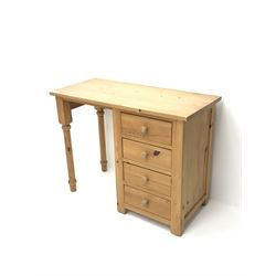 Solid pine single pedestal dressing table, four drawers, turned supports