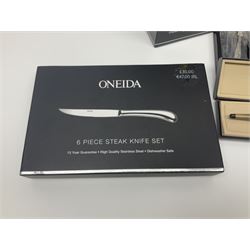 Silver plate including set of six Oneida steak knives with pistol grip handles, in original box, set of six cased cake forks, pair of goblets, etc, together with a pair of Belleek Celtic pattern mugs, 