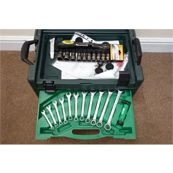  Makita 8391D cordless drill set, a drill bit set, spanner and socket set, a quantity of various hand tools and a hose pipe  