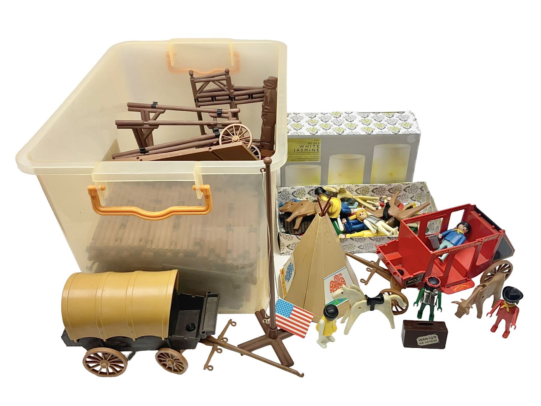 Collection of Playmobile Cowboys and Indians plastic figures, teepees, covered wagon etc