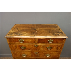 18th century cross banded walnut chest, moulded edged quater veneer top over two short and three long graduated drawers on later stand with five barley twist legs, perimeter stretchers and turned feet, W100cm, H121cm, D52cm  