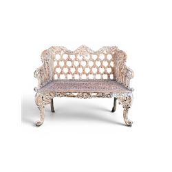 Victorian revival Carron Foundry design heavy cast iron two seat garden bench, scrolled ar...
