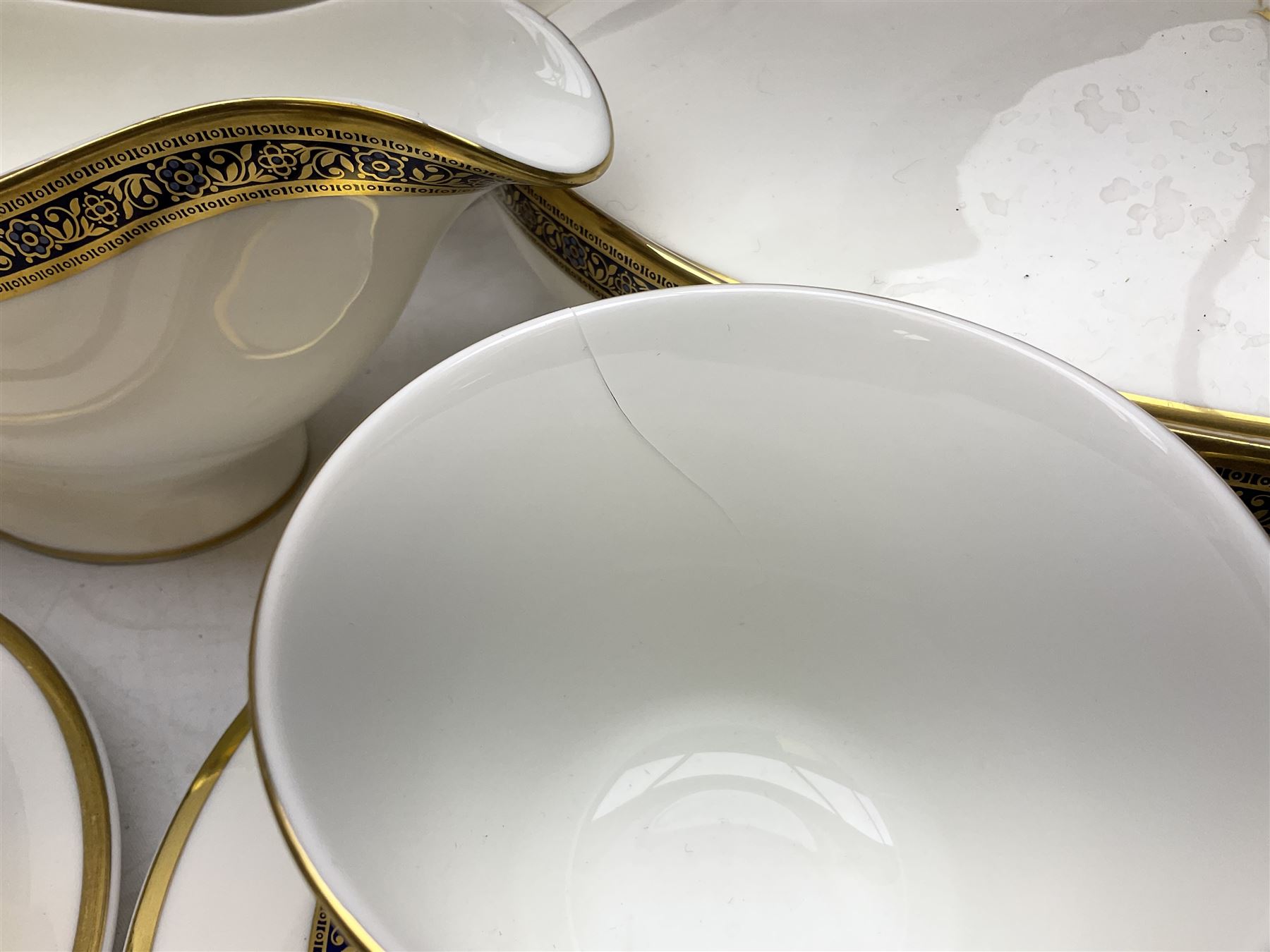 Royal Doulton Harlow pattern tea and dinner service for ten, consisting tea pot, coffee pot, milk jug, open sucrier, cups and saucers, dessert plates, dinner plates, soup bowls, side plates, sauce boat, covered serving dishes, meat plate (67)