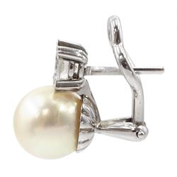 Pair of 18ct white gold round brilliant cut diamond and cultured pearl stud earrings, total diamond weight approx 0.90 carat