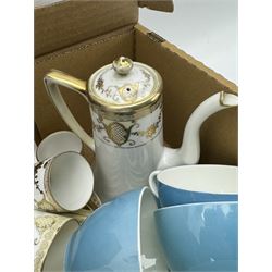 Aynsley harlequin cups and saucers, Royal Albert Old Country Roses vase and cover, Noritake coffee wares, Wedgwood Everest Goblet and various ceramics in two boxes
