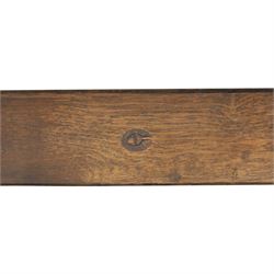 Acorn Industries - country oak kitchen or dining table, rectangular top with canted corners, shaped pedestals with joining pegged stretcher, Acornman signature