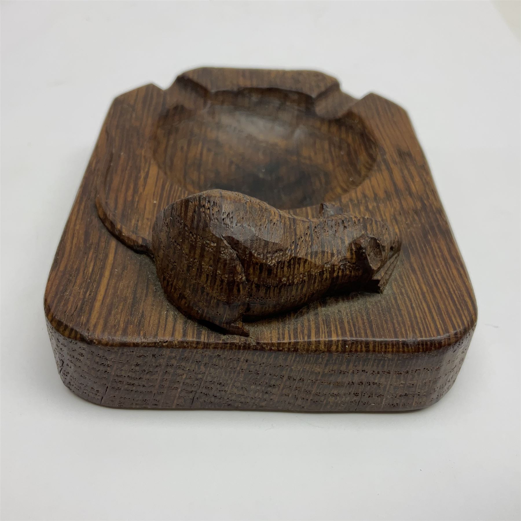 Mouseman - oak ashtray, rectangular form with rounded and canted corners, carved with mouse signature, by the workshop of Robert Thompson, Kilburn