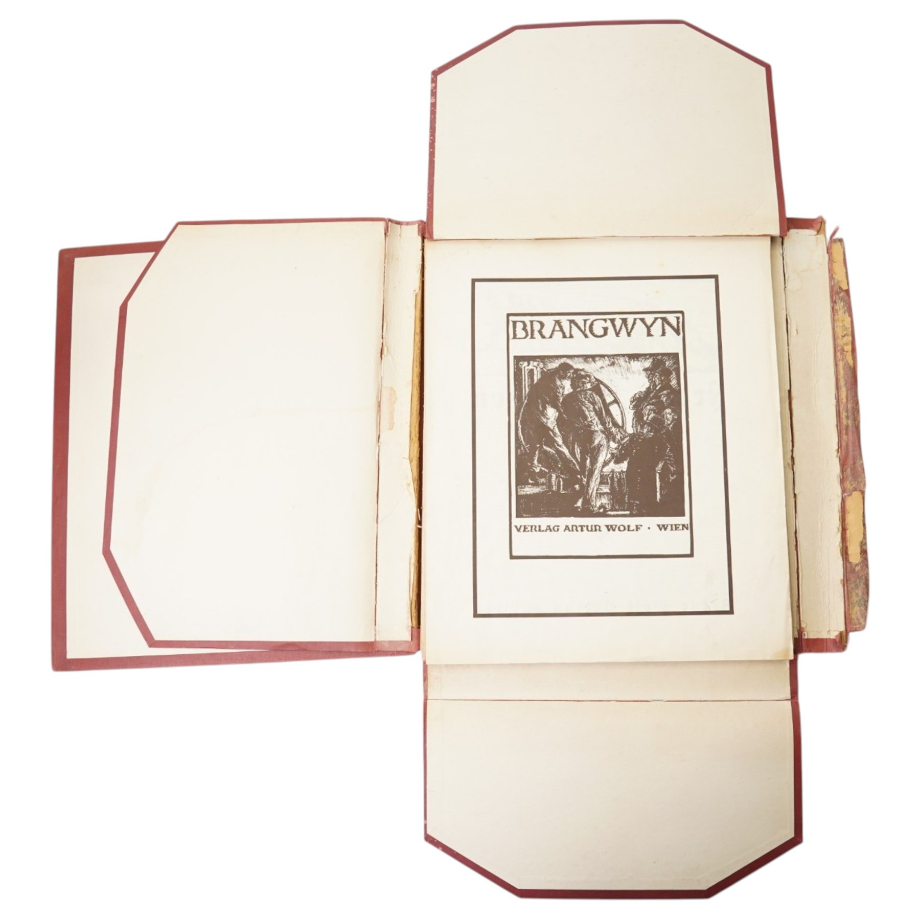 'Frank Brangwyn - Twenty Graphic Works' partial portfolio by Artur Wolf Verlag, to include 'Santa Maria della Salute' 'The Coronation of King Edward VI in Westminster Abbey' 'Study for King John Signing the Magna Carta' 'Train Station - Gare du Nord' 'Locomotive - Gare du Nord' 'The Drinkers' 'The Storm' 'Old Hammersmith' and 'Decorative Drawing for The Daily Chronicle', one lithograph two etchings and six photomechanical lithographics, three signed max 42cm x 33cm (9) (unframed)
Notes: Verlag's limited edition portfolio was originally released in 1921. This copy is marked as no. 81.